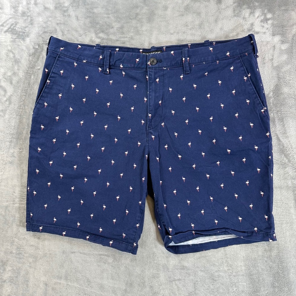 Express Chino Shorts Mens Size 38 Navy Blue Tropical Summer Flamingo Embroidered